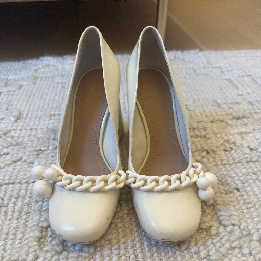 Tory Burch Women's Addison High Block Heel Pumps. Size 6, visibly used.